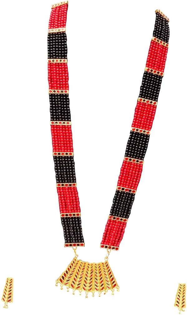 Assamese_Traditional_Gold_Plated_Red_Black_Colour_Tassel_Jewellery_Set_For_Women